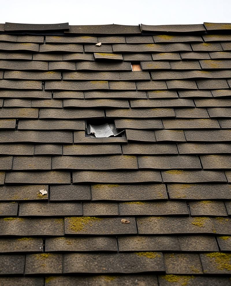 Damaged shingle roof before replacement